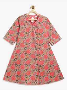 Campana - Girls Mira Sage Green & Peach Floral Printed A-Line Cotton Kurta