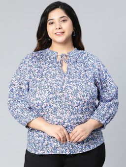 Oxolloxo - Discovered Blue Floral Printed Plus Size Women Top
