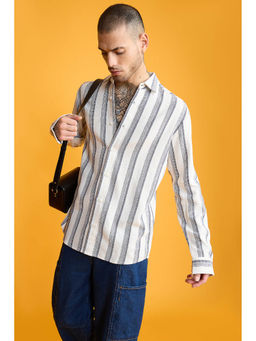 FREAKINS - Textured Knit Full Sleeves Shirt- White/Dark Navy Stripes