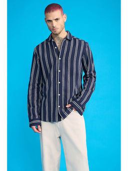FREAKINS - Textured Knit Full Sleeves Shirt-Navy/White Stripes
