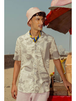 FREAKINS - Men's Beige Abstract Facial Print Linen Shirt