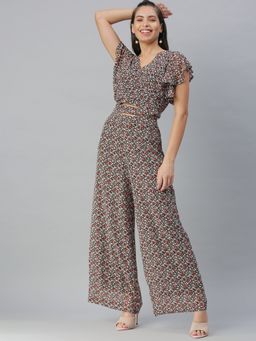 SHOWOFF - Women Above Knee V-Neck Black Floral Co-Ord (Set of 2)