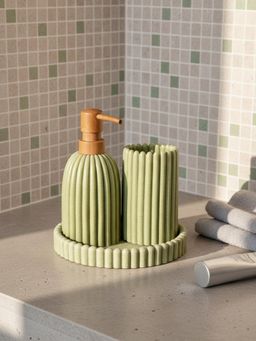 Mason Home - Terra Ribbed Bathroom Dispenser With Tumbler & Tray (Pack of 3)