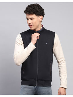 Monte Carlo - Men Solid Mock Neck Cotton Blend Navy Blue Sweatshirt