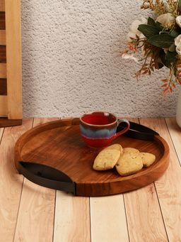 VarEesha - StyleWood Round Serving Tray with Metal Handles