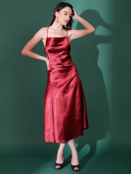 KOTTY - Womens Maroon Shoulder Straps Satin A-Line Midi Dress