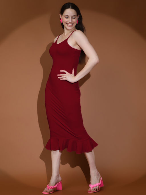 knee length dresses for ladies Burgundy Long Sleeve O-Ring Detail Bodycon Midi Dress  AX Paris