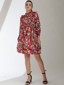 KOTTY - Womens Floral Print Cuffed Sleeve Layered Fit Flare Dress