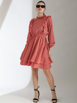 KOTTY - Womens Polka Dot Print Cuffed Sleeve Layered Fit Flare Dress