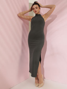 KOTTY - Womens Grey Halter Neck Sleeveless Bodycon Midi Dress