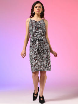 KOTTY - Womens Black Animal Print Fit Flare Dress with Belt (Set of 2)