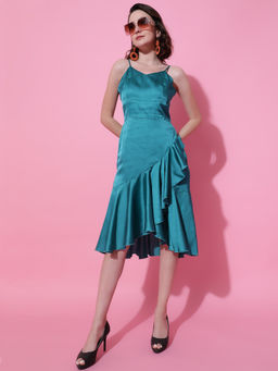 KOTTY - Womens Green Satin Fit Flare Midi Dress