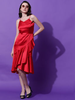 KOTTY - Womens Red Satin Fit Flare Midi Dress