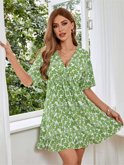 KOTTY - Womens Green Floral Printed Crepe Fit Flare Mini Dress