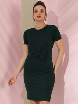 KOTTY - Womens Bottle Green Front Bow Bodycon Dress