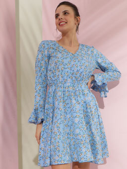 KOTTY - Womens Blue Floral Printed Crepe Fit Flare Dress