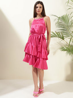 KOTTY - Womens Pink Satin Layered Fit Flare Dress and Belt (Set of 2)
