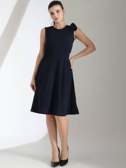 KOTTY - Womens Navy Blue Round Neck Fit Flare Dress