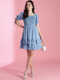 KOTTY - Womens Blue Floral Print Fit Flare Dress