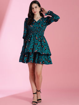 KOTTY - Womens Teal Floral Print Fit Flare Dress