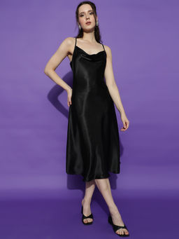 KOTTY - Womens Black Shoulder Straps Satin A-Line Dress