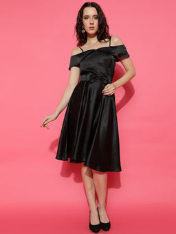KOTTY - Womens Cold-Shoulder Sleeves Satin Fit Flare Dress