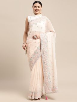 Vastranand - Peach Solid Heavy Border Saree with Unstitched Blouse