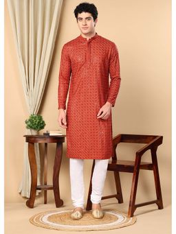 TATTVA - Orange Embroidered Kurta and Pyjama (Set of 2)