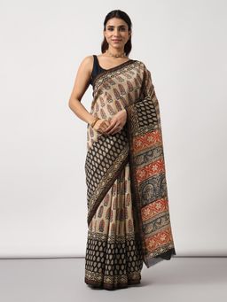 Moora - Ivory Embrace Hand Block Print Chanderi Silk Saree with Unstitched Blouse