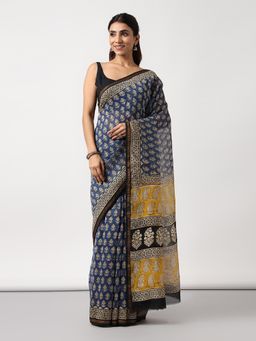 Moora - Timeless Blue Hand Block Print Chanderi Silk Bagru Saree with Unstitched Blouse
