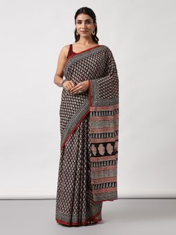 Moora - Floral Forage Hand Block Print Mulmul Cotton Bagru Saree with Unstitched Blouse