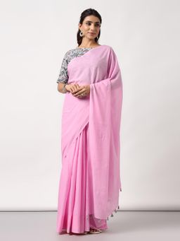 Moora - Candyfloss Pink Mulmul Cotton Saree With Tassels with Unstitched Blouse