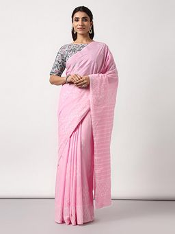 Moora - Drizzle In Backyard Pink Hand Block Print Mulmul Cotton Bagru Saree with Unstitched Blouse