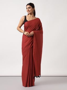 Moora - Midnight Rose Dark Red Mulmul Cotton Saree With Tassels with Unstitched Blouse