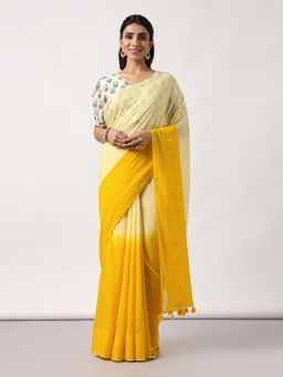 Moora - Golden Hour Yellow Ombre Hand Dyed Mulmul Cotton Saree with Unstitched Blouse