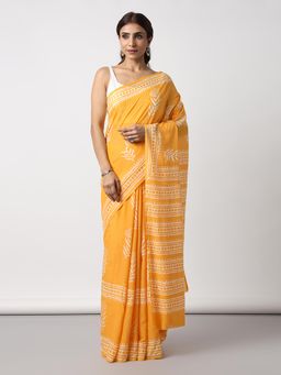 Moora - Sunshine Swirl Yellow Haldi Hand Block Print Mulmul Cotton Bagru Saree with Unstitched Blouse
