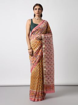 Moora - Poppy Garden Hand Block Print Maheshwari Silk Saree with Unstitched Blouse