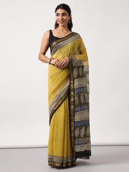 Moora - Lime Road Yellow Hand Block Print Maheshwari Silk Saree with Unstitched Blouse