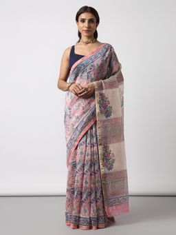 Moora - Bluebells Pink Hand Block Print Chanderi Silk Saree with Unstitched Blouse