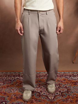 Campus Sutra - Mens Ash Beige Solid Panelled-Straight Trouser