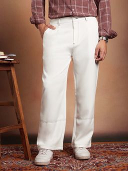 Campus Sutra - Mens White Contrast-Stitch Straight Trouser