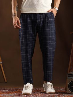 Campus Sutra - Mens Navy Blue Checks Trouser