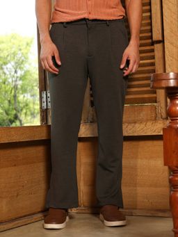 Campus Sutra - Mens Dark Olive Micro-Waffle Textured Straight-Leg Trouser