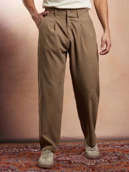 Campus Sutra - Mens Wood Brown Solid Straight-Fit Trouser