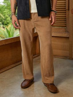 Campus Sutra - Mens Wood Brown Textured Straight-Fit Trouser