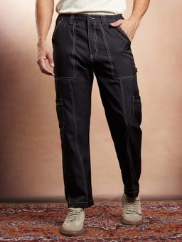 Campus Sutra - Mens Onyx Black Contrast-Stitch Carpenter Trouser