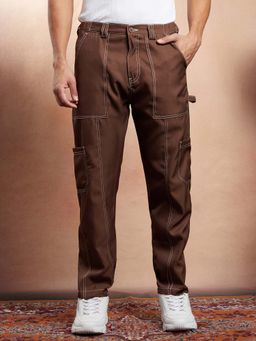 Campus Sutra - Mens Mocha Brown Contrast-Stitch Carpenter Trouser