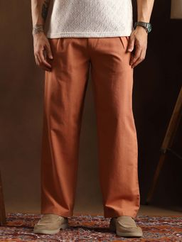 Campus Sutra - Mens Burnt Sienna Tan Straight-Pleated Slit Trouser