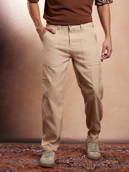 Campus Sutra - Mens Beige Contrast-Stitch Carpenter Trouser