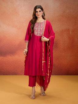 Likha - Silk Blend Zari Embroidered Kurta Set with Chanderi Dupatta (Set of 3)